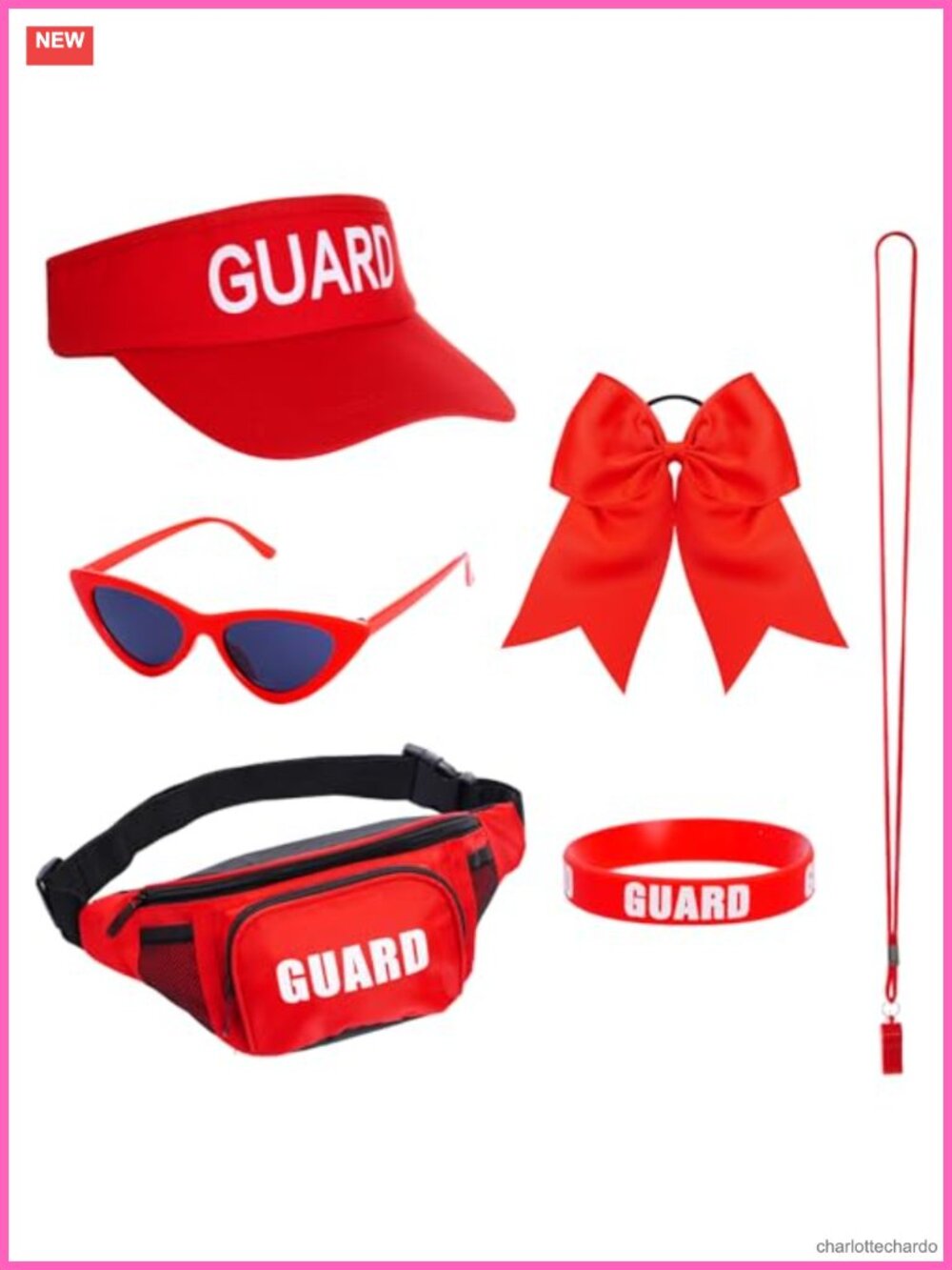 6Pc Lifeguard Costume Set Sun Hat Fanny Pack Whistle Sunglasses
